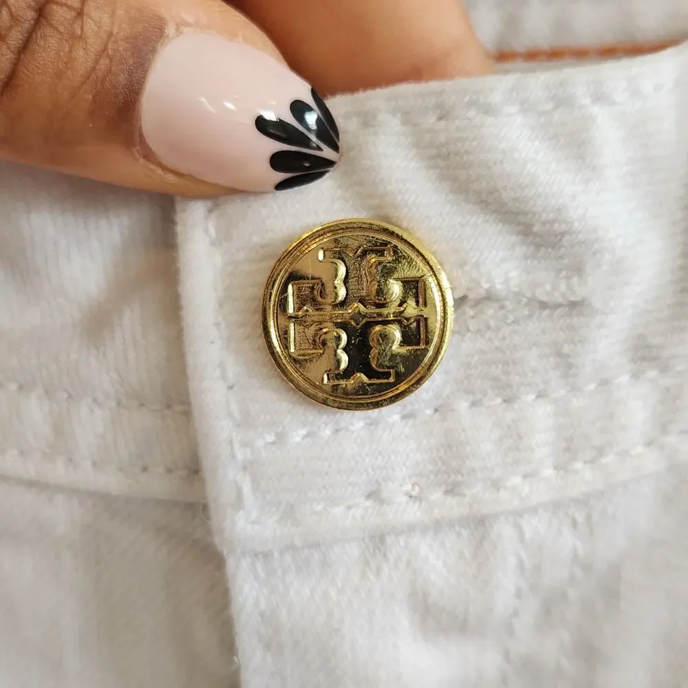 Tory Burch White Cropped Slim Boot Cut Jeans Size 28 Luxury Denim Logo Pockets
